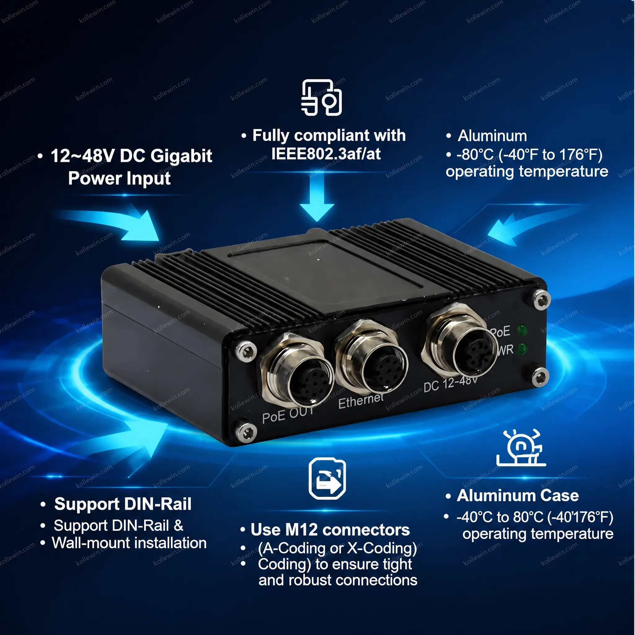 Industrial Grade M12 Gigabit PoE Injector EN50155 Compliant for Railway Vehicle Applications