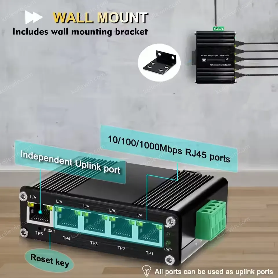 Industrial Managed 5-Port Gigabit Ethernet Switch, Web GUI, VLAN/QoS, -40°C to 80°C, Smart Managed, IP40 Metal Case