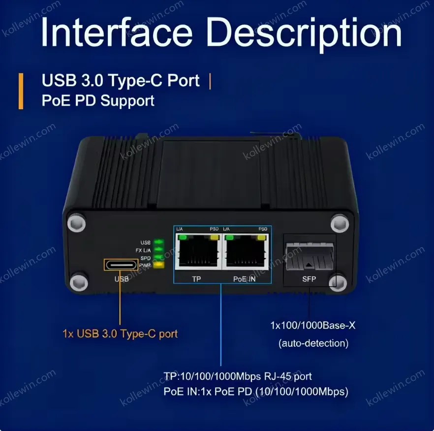Industrial PD Ethernet Switch with Type-C USB Port PoE Powered Gigabit SFP Fiber with IP40 Case