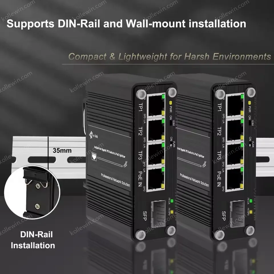 Mini Hybrid Ethernet Adaptor PoE Powered 4xRJ45 Ports & 1xSFP Fiber Port with PoE Splitter Function