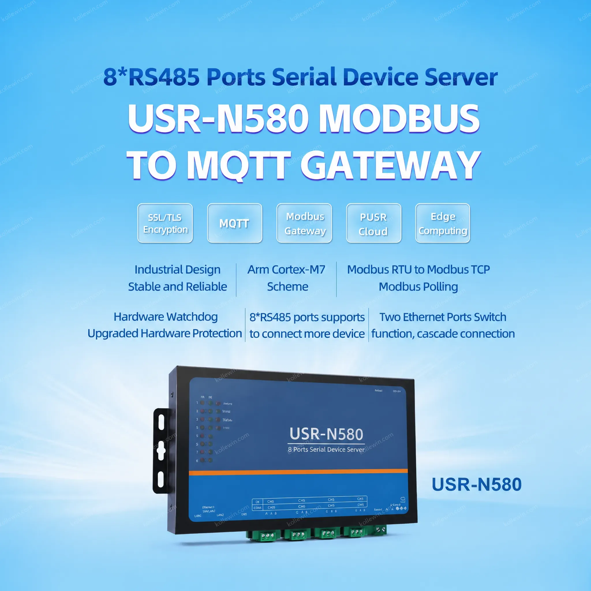 USR-N580 Serial Device Server 8 Ports RS485 Ethernet Converter Supports SSL/TLS MQTT Modbus Gateway Cloud Edge Computing 2-Year
