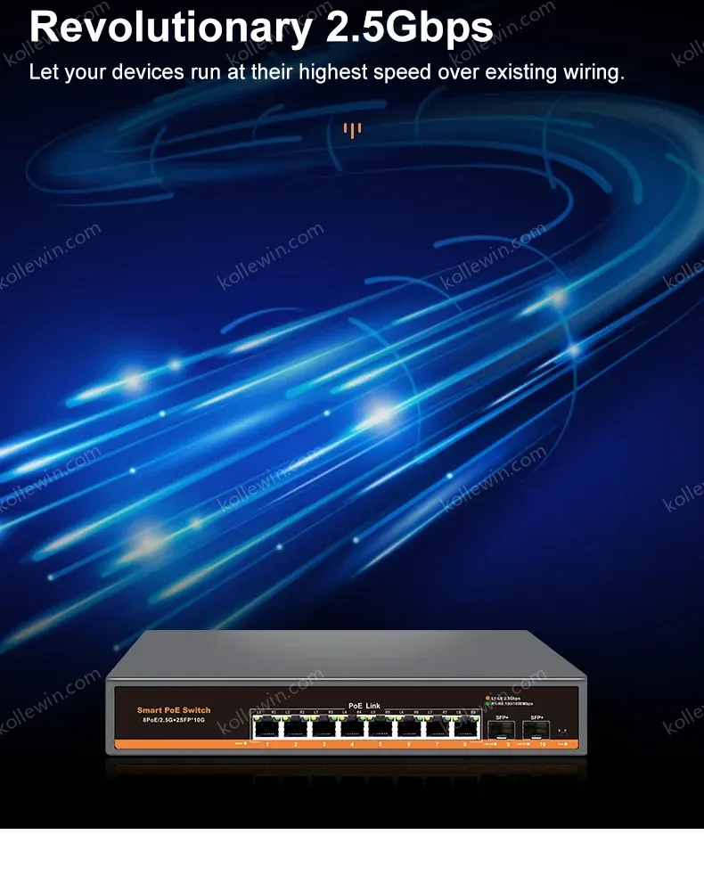 KeepLiNK 10-port Multi-gigabit unmanaged Ethernet switch with 8 x IEEE 802.3af/at PoE+ Ports and 2 x 10Gb SFP+ For Uplink