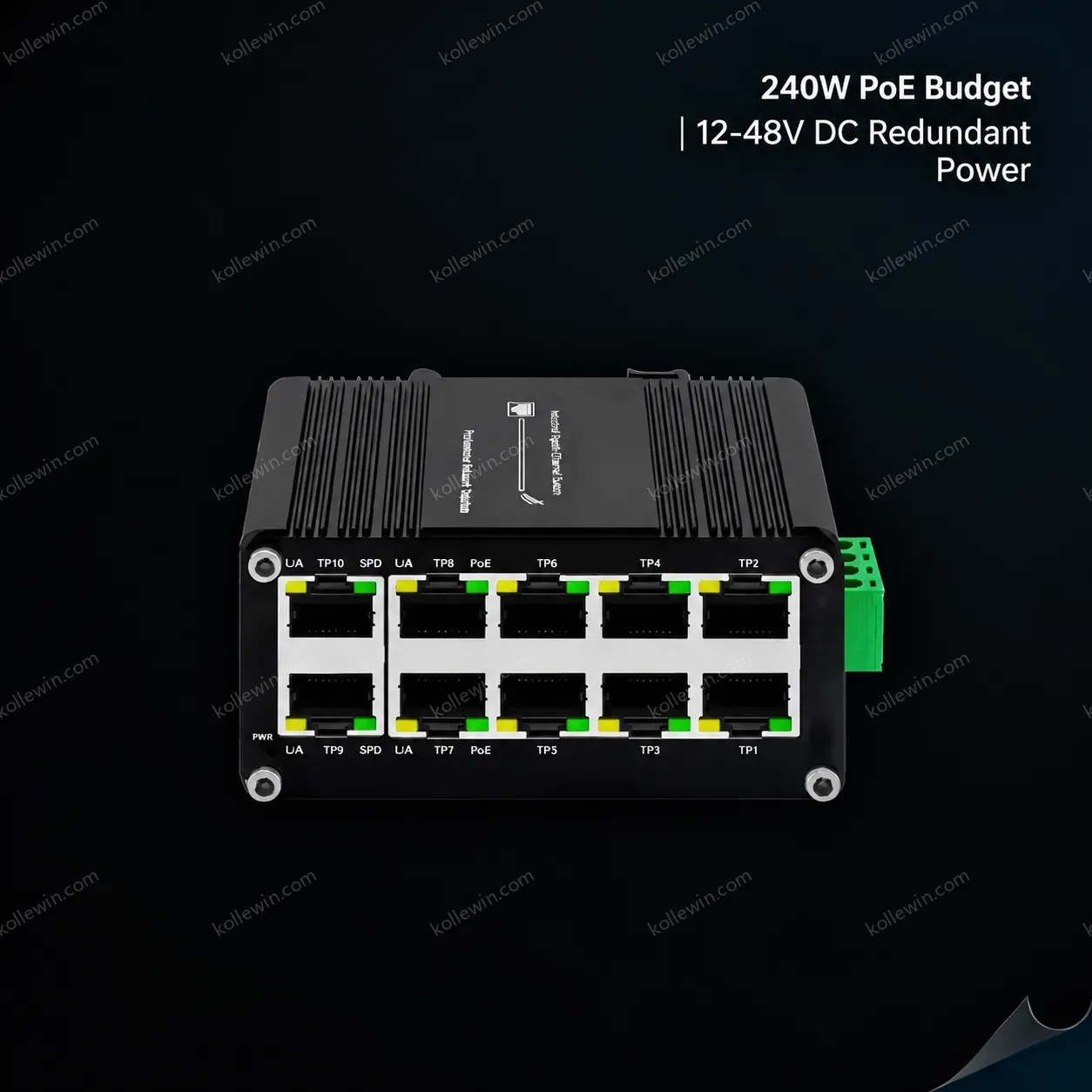 Industrial 10 Port Gigabit PoE Switch 8 PoE+ Ports IEEE 802.3at 240W Total Budget Wide Voltage 12-48VDC