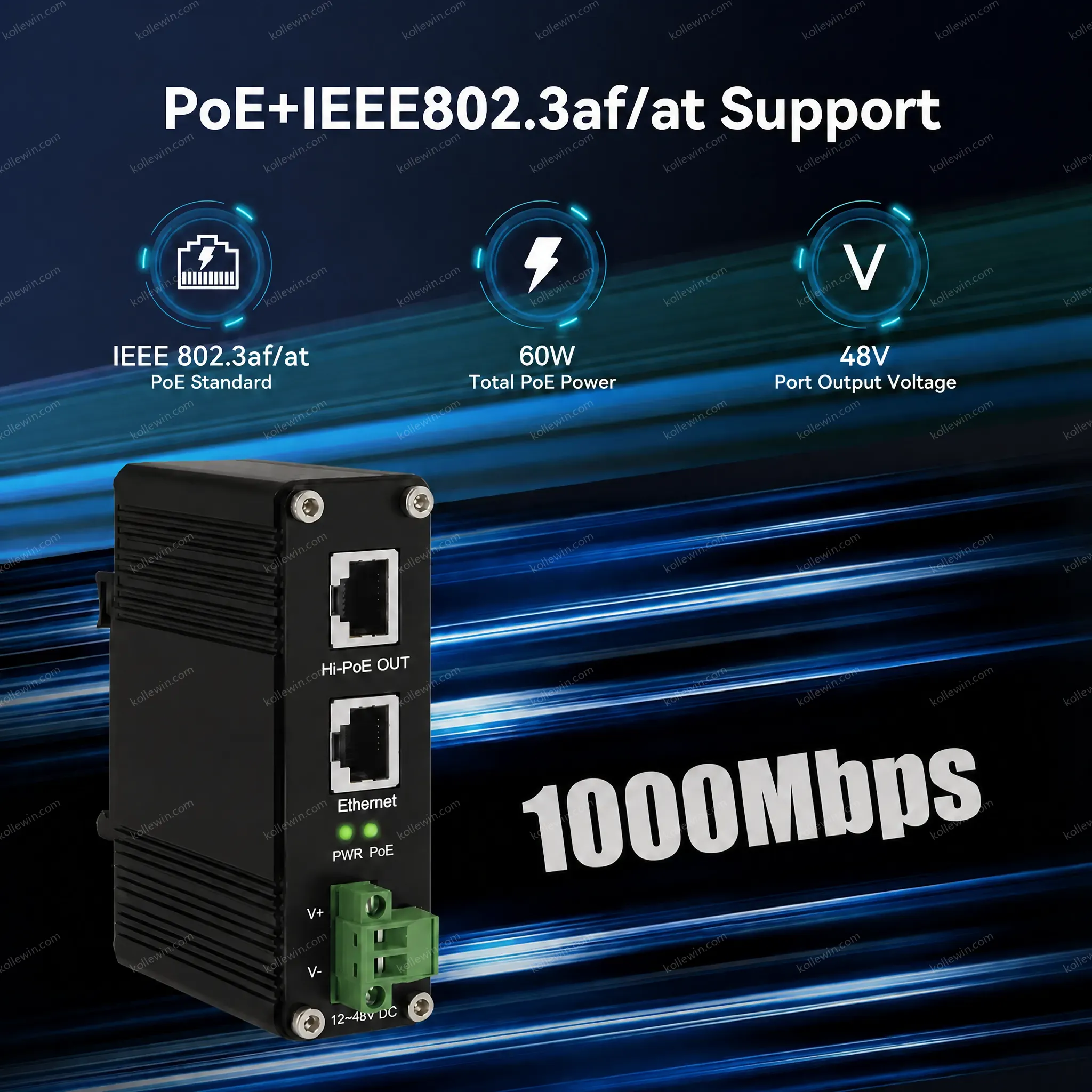 Industrial 60W PoE Injector Gigabit 10/100/1000Mbps Support 802.3af/at 12 to 48VDC Input