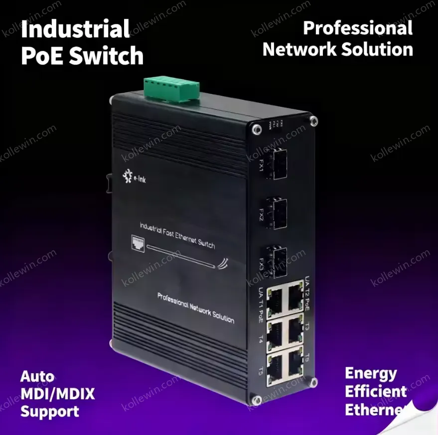 Industrial Grade 6-Port Ethernet PoE+ Switch 3 Fiber Ports IEEE 802.3at 30W Per Port for Outdoor and Factory Automation