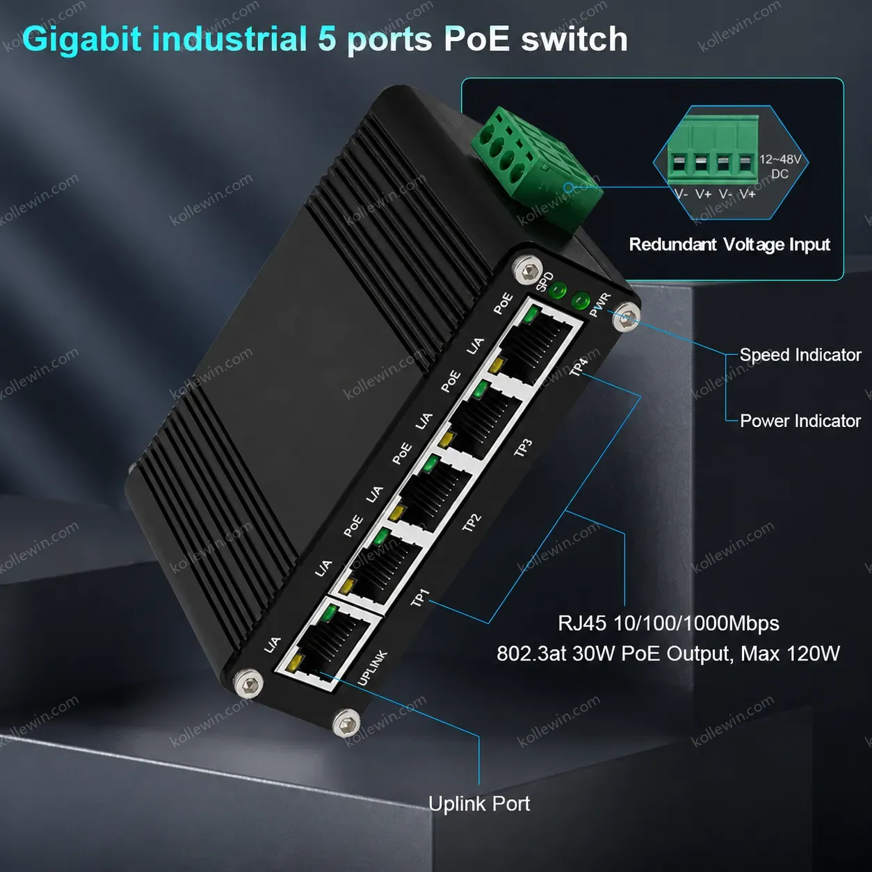 Mini Industrial 12-48VDC 5-Port Ethernet Switch 4-port 10 100 1000BASE-T 802.3at PoE + 1-Port 10 100 1000T