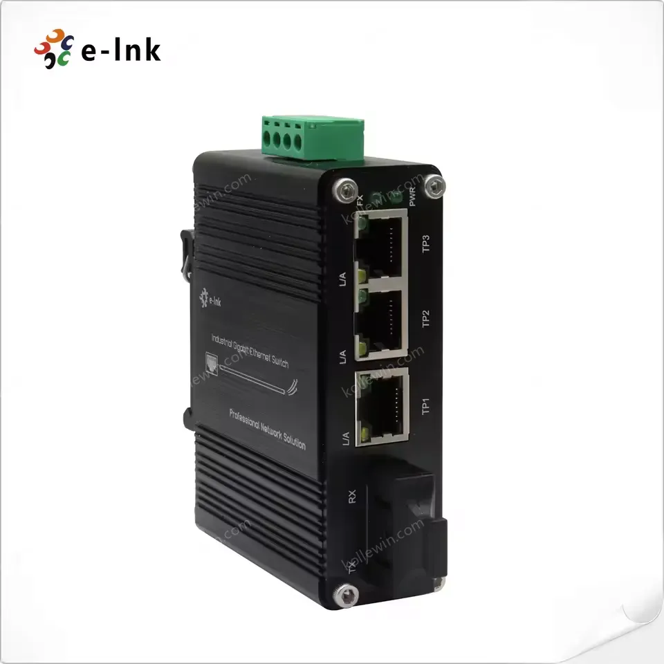 Mini Industrial Gigabit Network Switch - Ethernet to SC Fiber Converter Switch With 3 RJ45 and 1 SC Ports, 12~48V DC Power Input