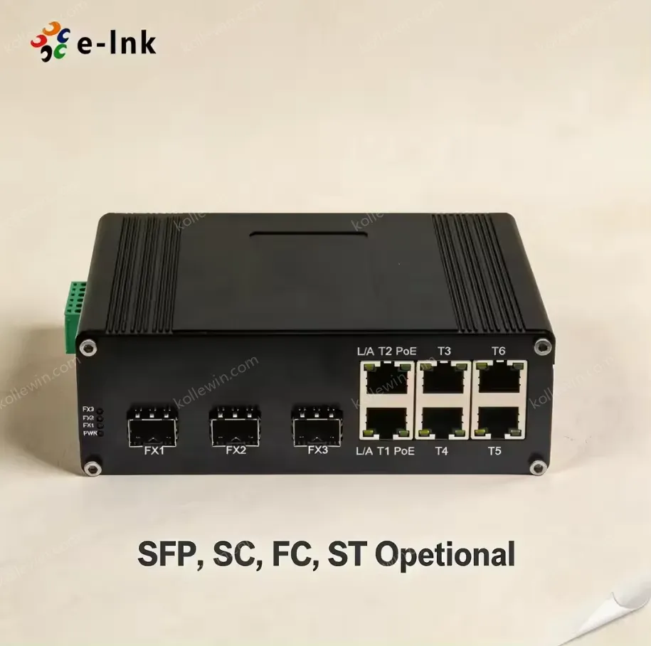 Industrial Grade 6-Port Ethernet PoE+ Switch 3 Fiber Ports IEEE 802.3at 30W Per Port for Outdoor and Factory Automation