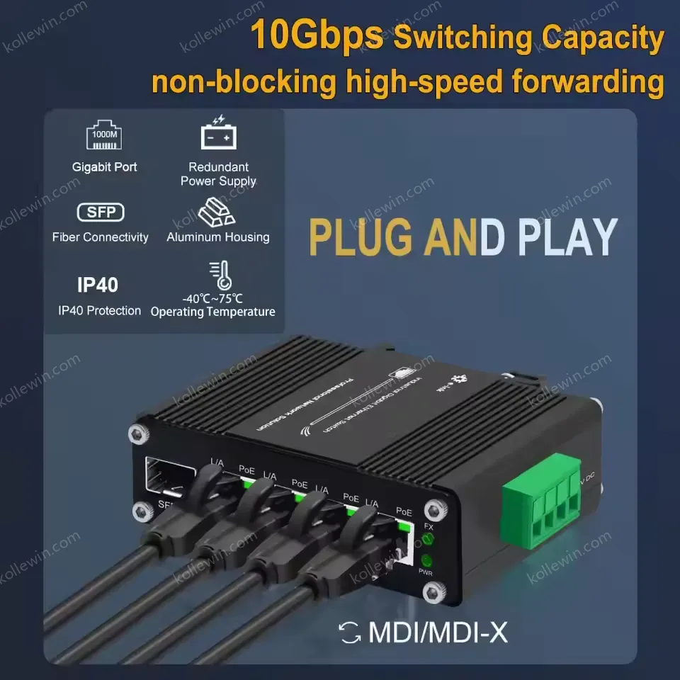 All-in-One Industrial PoE+ Switch for Solar/Wide-Voltage Systems, 4x 30W Ports + Fiber SFP Uplink, Extend Network Via SFP Fiber