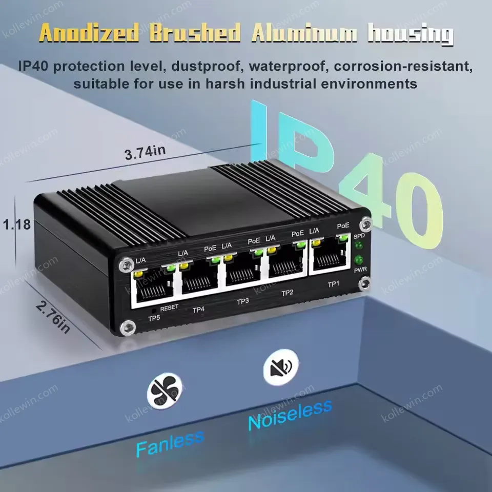 Industrial Managed PoE+ Switch with VLAN/QoS/Port Mirroring, 4x 30W Ports, 120W Budget, Web GUI, -40°C to 80°C, 12-48VDC Input
