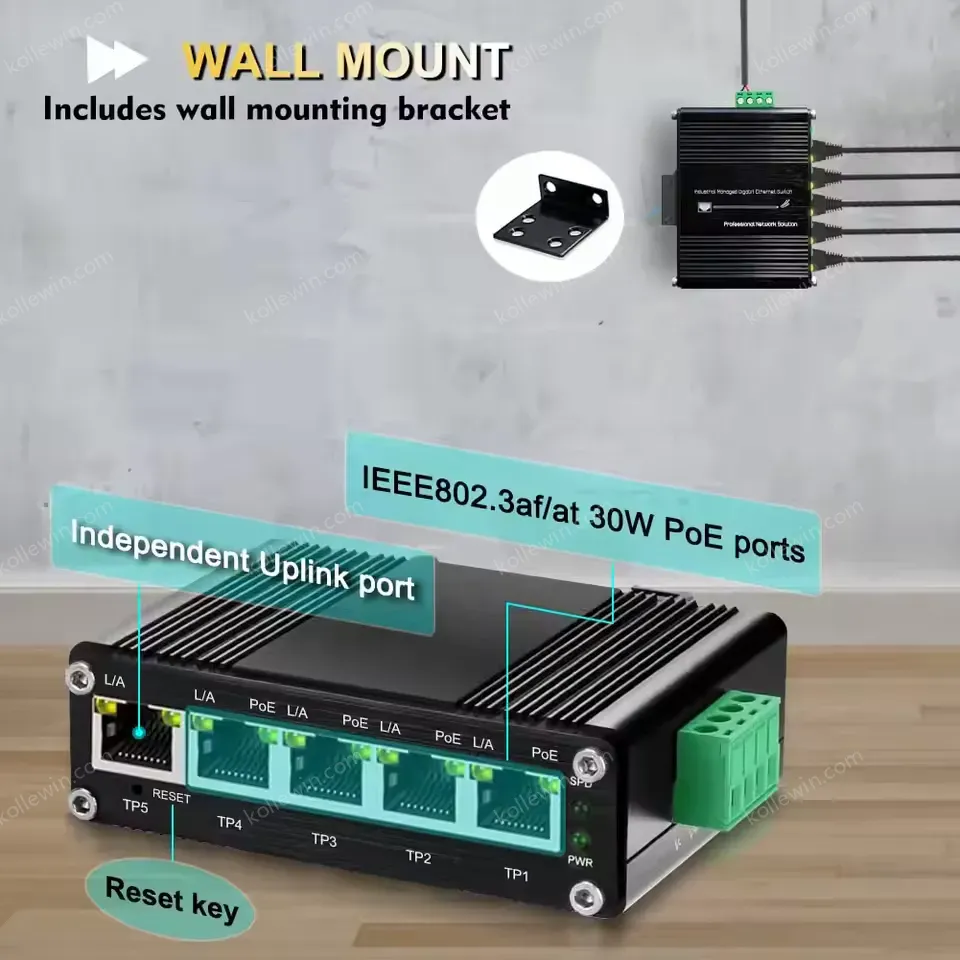 Industrial Managed PoE+ Switch with VLAN/QoS/Port Mirroring, 4x 30W Ports, 120W Budget, Web GUI, -40°C to 80°C, 12-48VDC Input