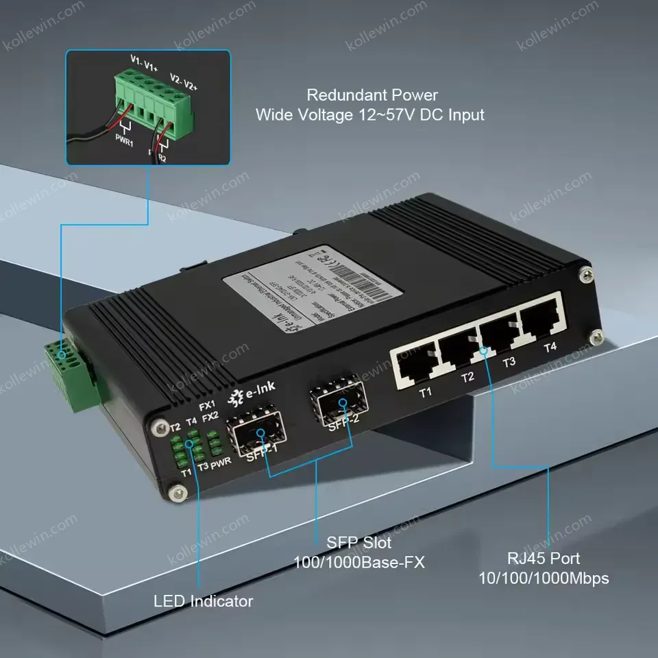 Industrial Gigabit Ethernet to SFP Fiber Converter Switch With 4 RJ45 and 2 SFP Ports 12~58VDC, SFP, SC, FC, ST Optional