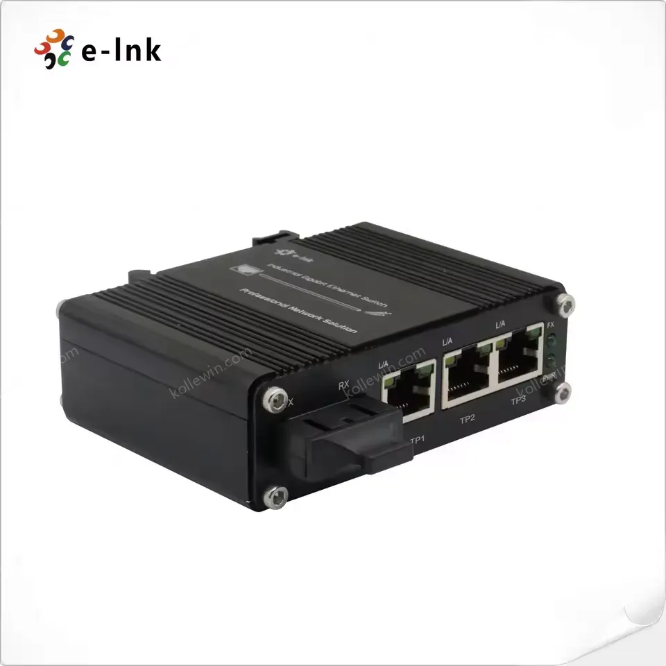 Mini Industrial Gigabit Network Switch - Ethernet to SC Fiber Converter Switch With 3 RJ45 and 1 SC Ports, 12~48V DC Power Input