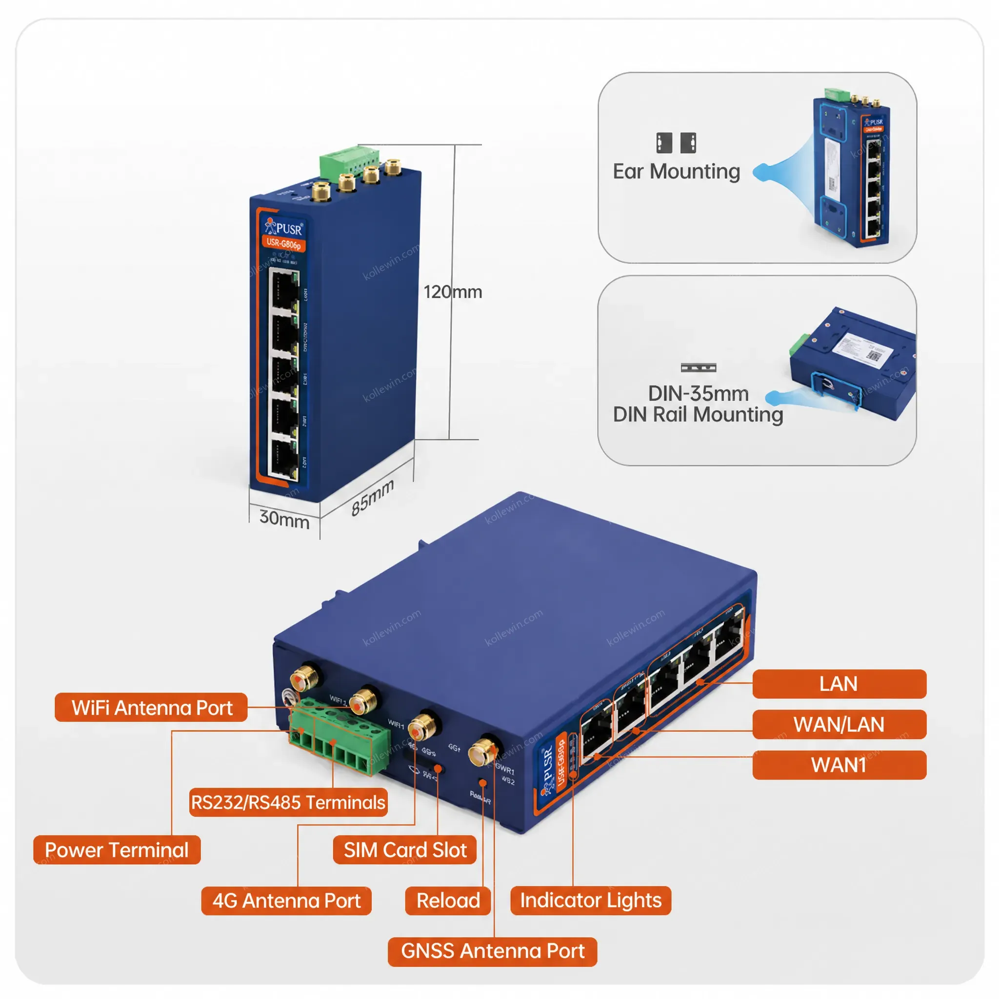 PUSR Dual Qualcomm Industrial Cellular Router 5*Ethernet+RS232+RS485 4G LTE Router Sim Card Modem WiFi Router USR-G806p