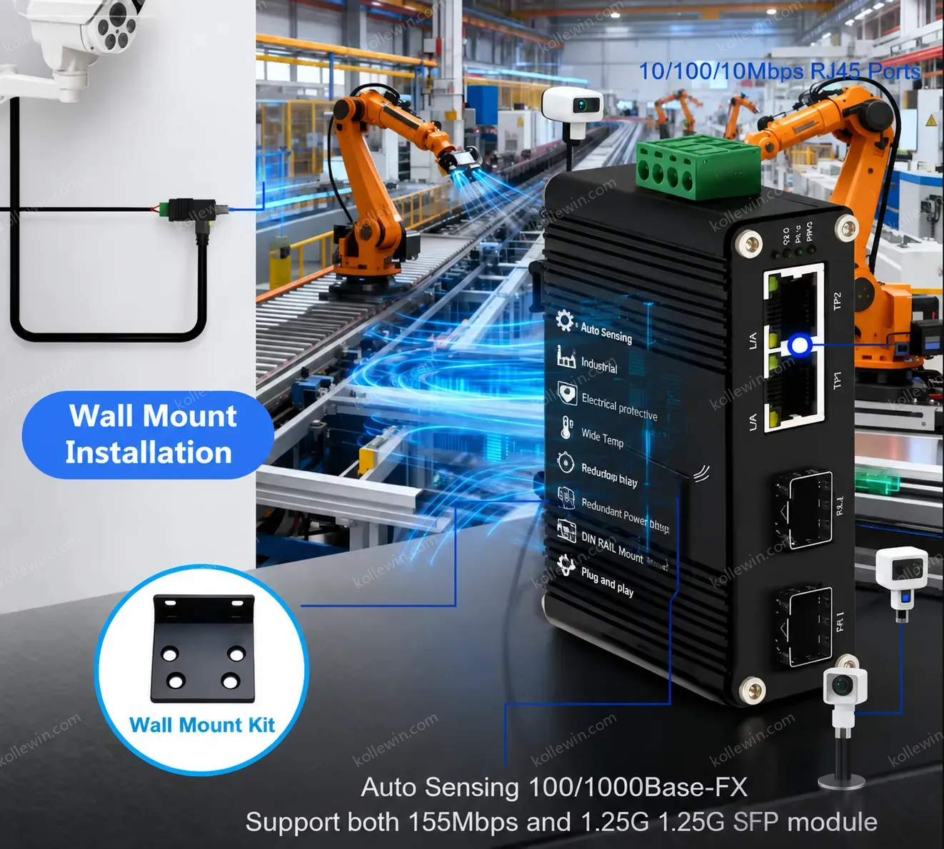 E-link LNK-IMC202G-SFP Industrial Grade 2 Port Gigabit Ethernet Switch 2 SFP Slots 12-48V DC Power Full-Duplex/Half-Duplex 9KB