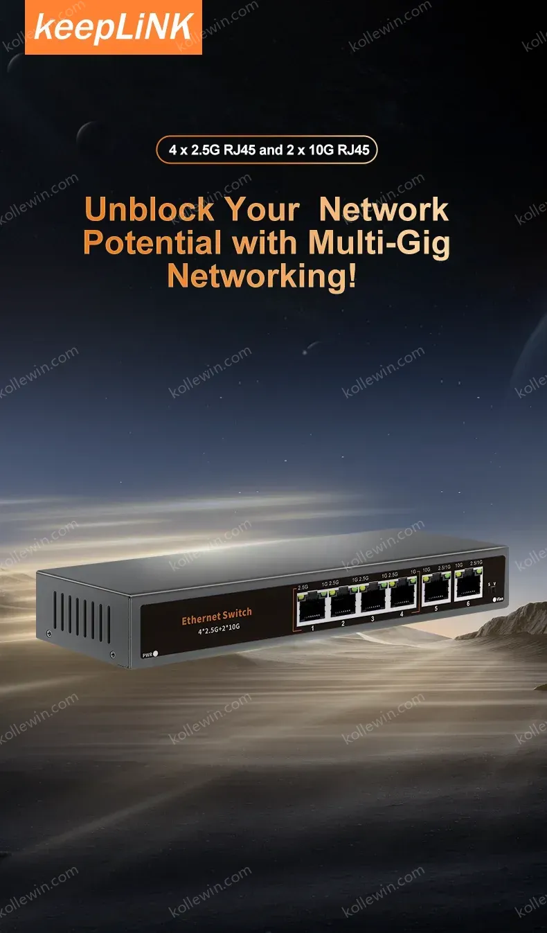 KeepLiNK 6-Port Multi-Gigabit Unmanaged Network Switch 4 X 2.5Gb RJ45 + 2 X 10Gb RJ45 for High-Speed Data Networking