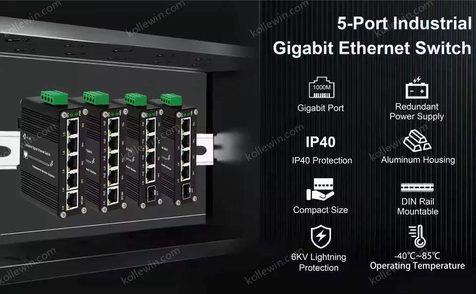 Mini Industrial 5-Port Gigabit Ethernet Switch DIN-Rail / Wall-mount IP40 Camera Aluminum Cheap