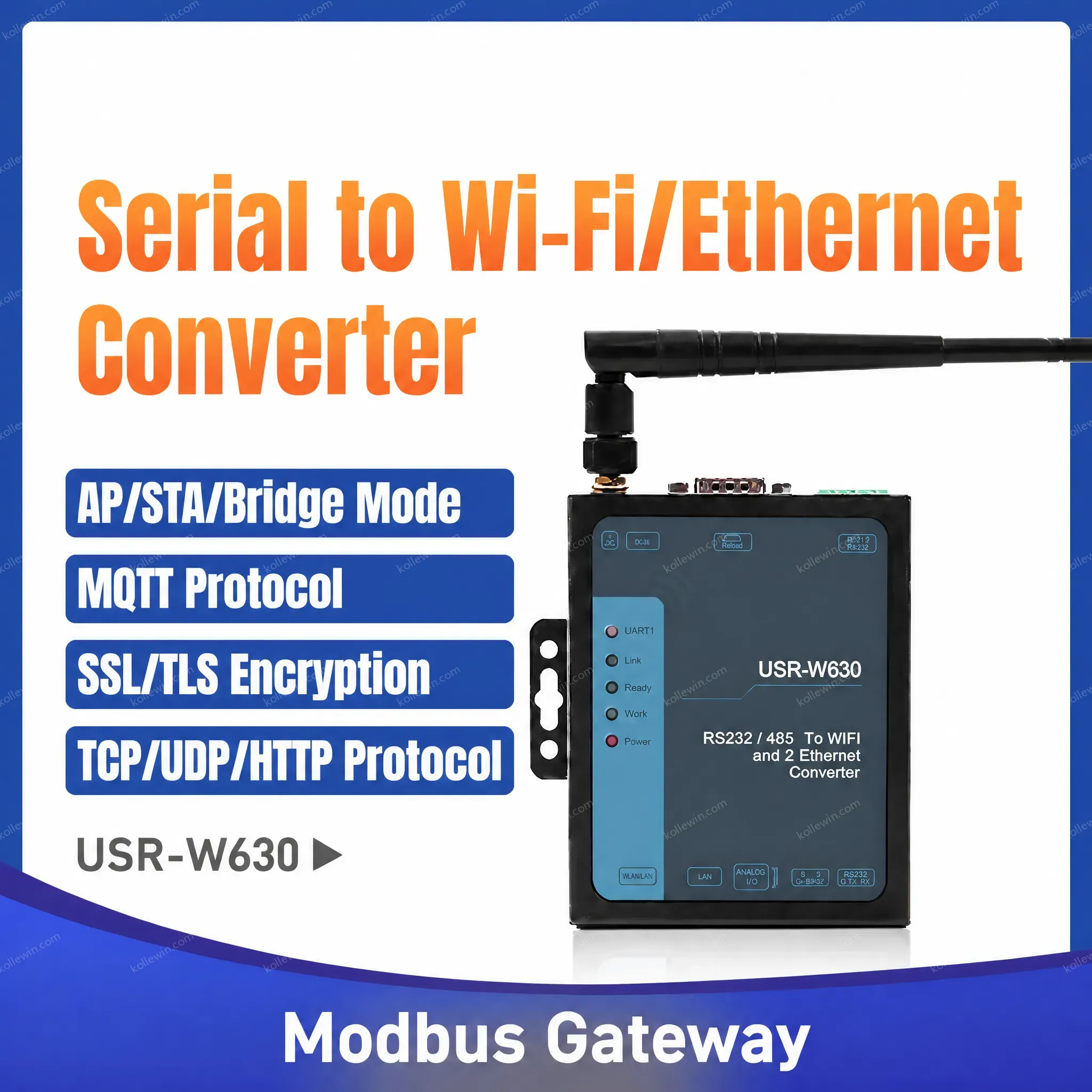 USR-W630 Two Ethernet Ports,RS232 RS485, Industrial Serial to WiFi and Ethernet Converter