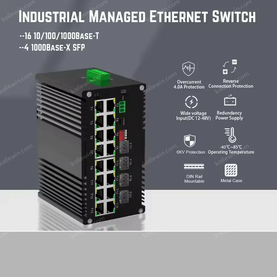 Industrial L2+ Managed 16-Port Gigabit Switch | 10/100/1000T + 4 1000X SFP | DIN-Rail Mount, -40°C to 75°C