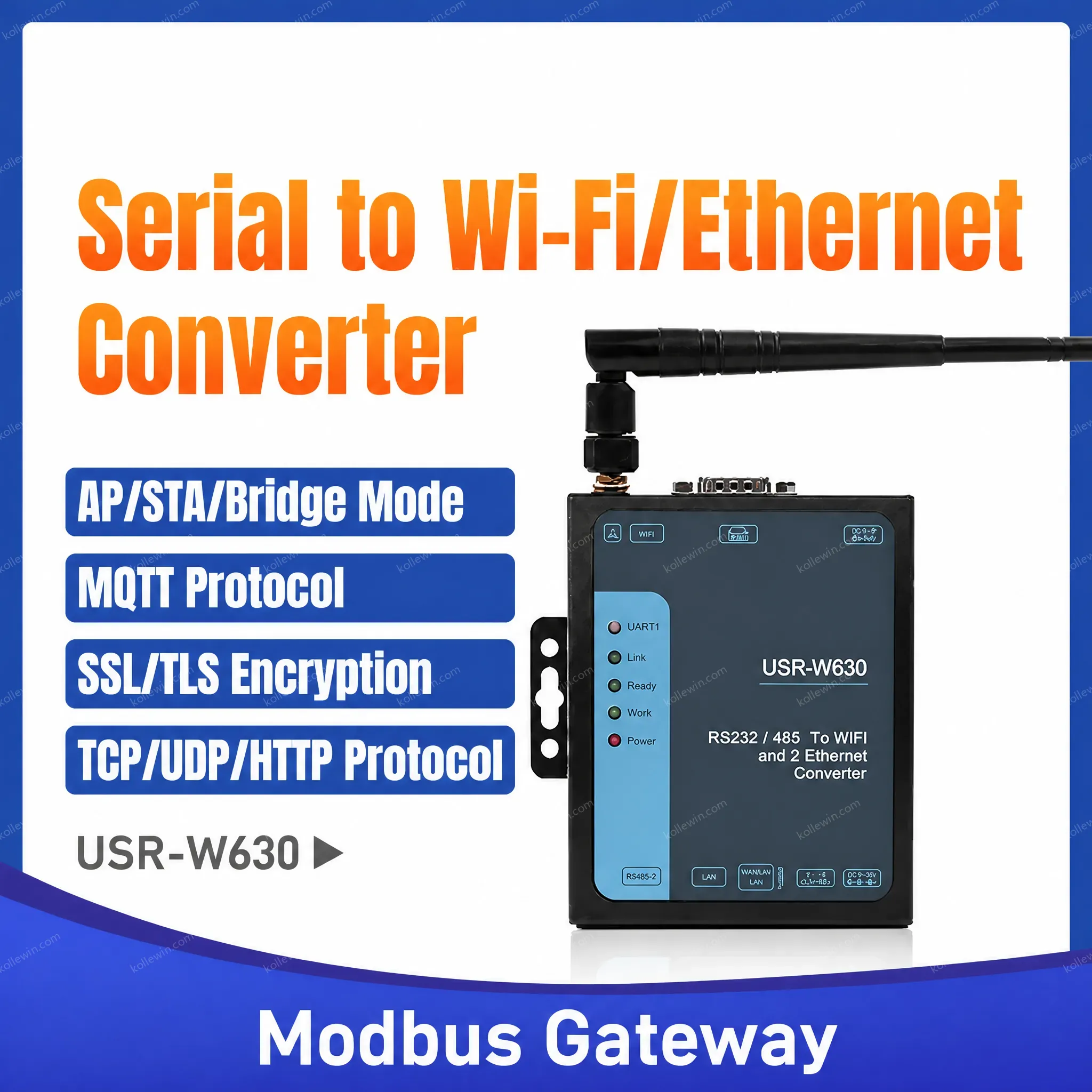 USR-W630 2 Ethernet Ports RS232 RS485 Serial to Wifi Converter Device Server Modbus Rtu to Tcp