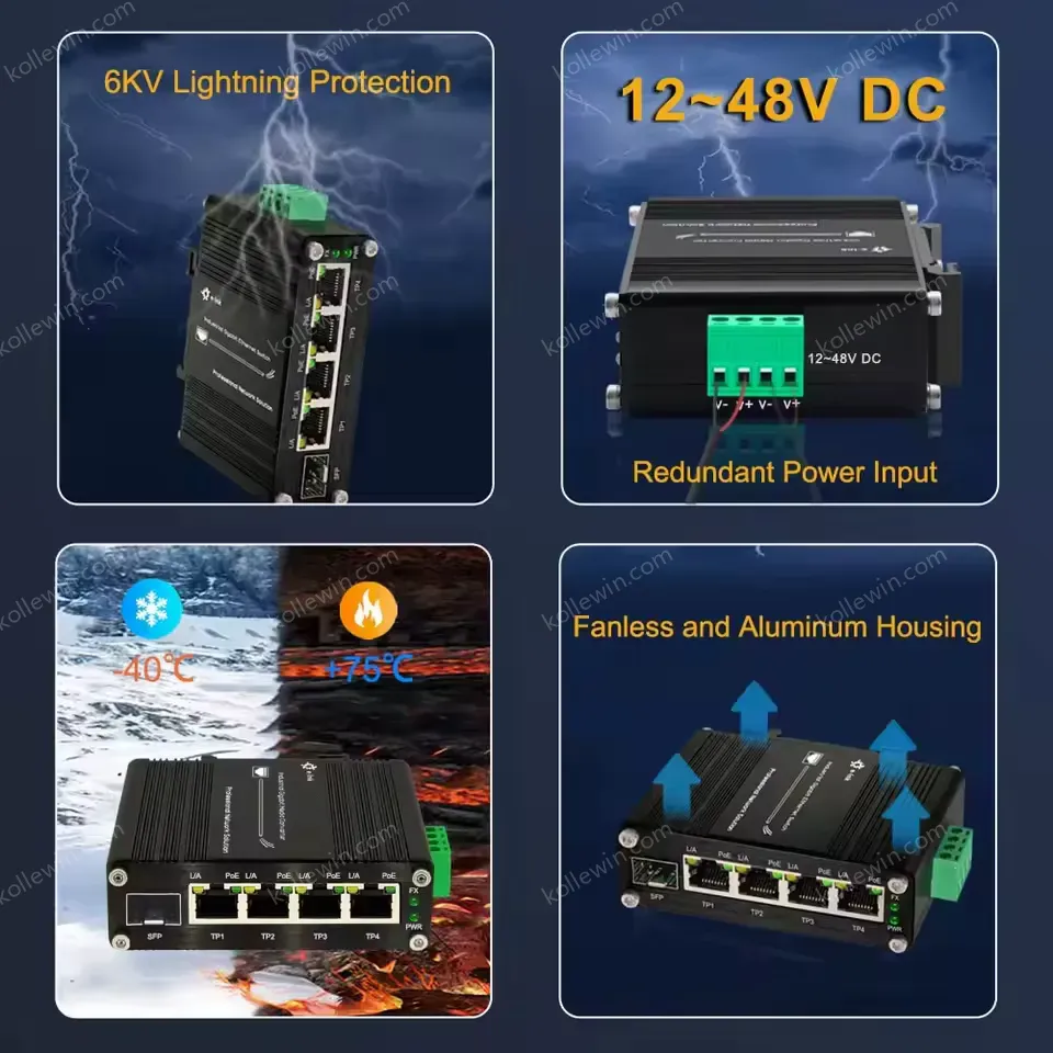All-in-One Industrial PoE+ Switch for Solar/Wide-Voltage Systems, 4x 30W Ports + Fiber SFP Uplink, Extend Network Via SFP Fiber