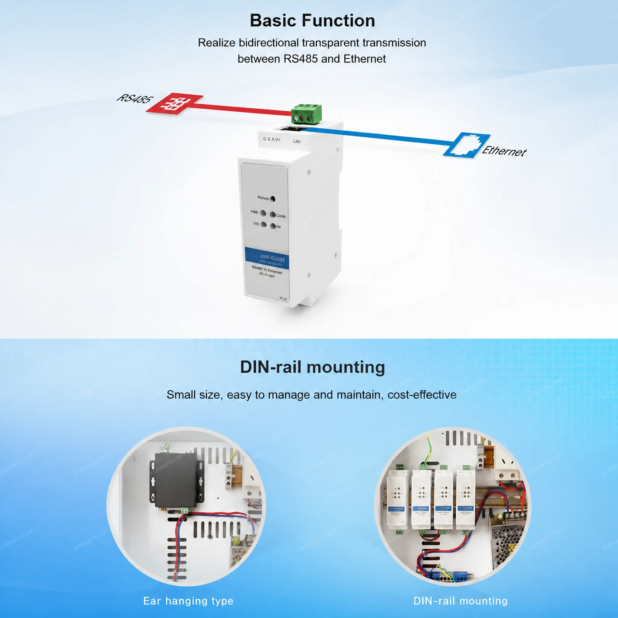 USR-DR302 Din-rail Modbus RTU to TCP RS485 Serial to Ethernet Converter DC5-36V RJ45 10/100Mbps CE/FCC Certified IP30