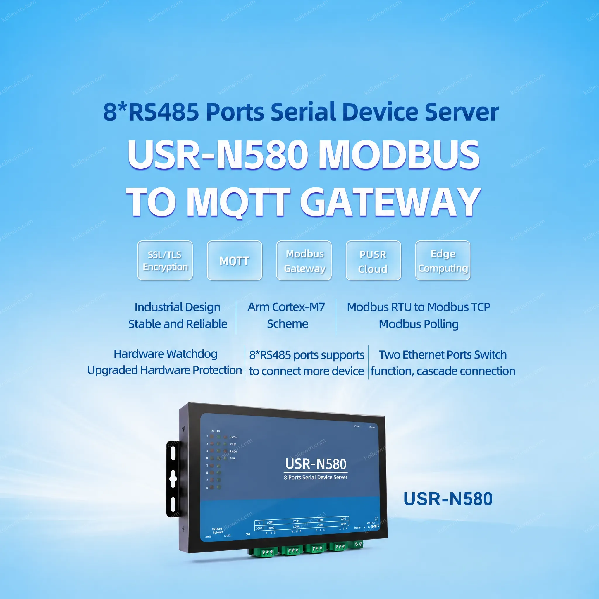 USR-N580 Serial to Ethernet Converter Rs485 8 Ports RJ45 10/100Mbps Modbus Gateway MQTT with SSL/TLS 2-Year Warranty