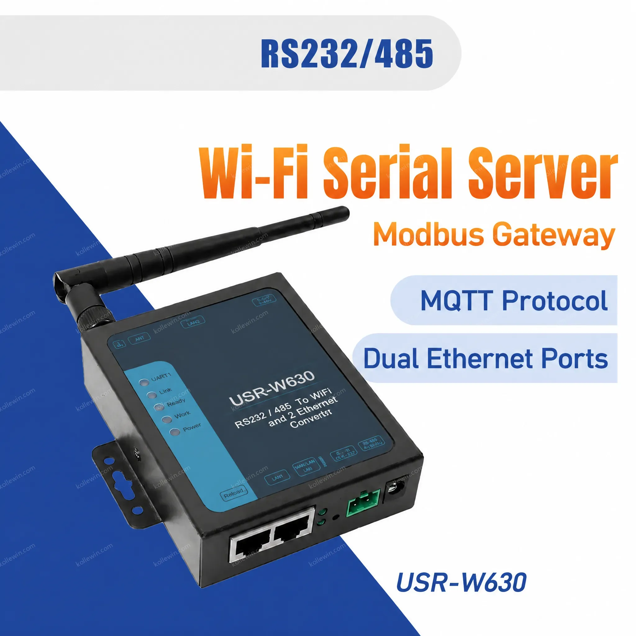 USR-W630 2 Ethernet Ports RS232 RS485 Serial to Wifi Converter Device Server Modbus Rtu to Tcp