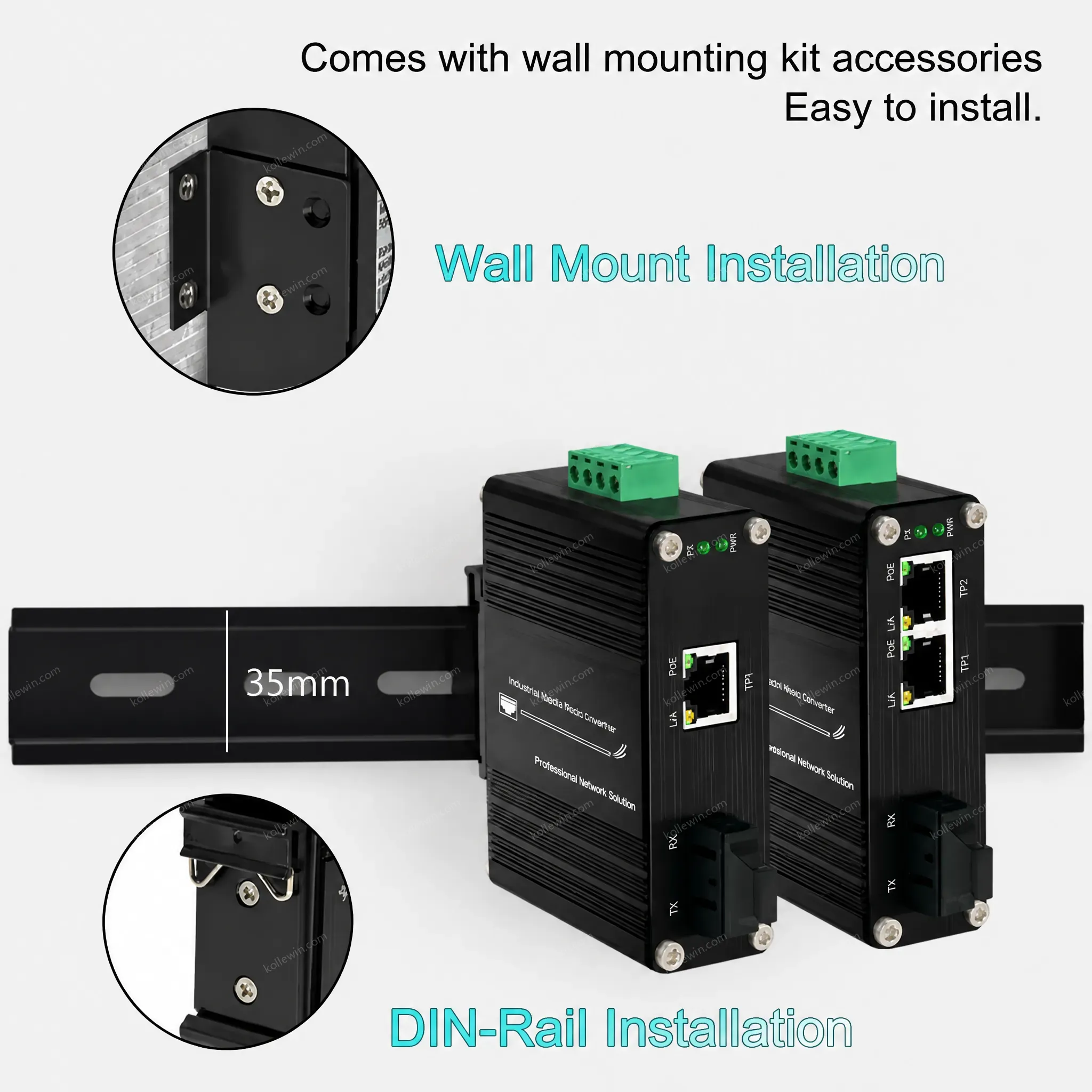 Industrial Gigabit PoE++ Media Converter with SC Fiber to Dual RJ45 Ports and 90W Power