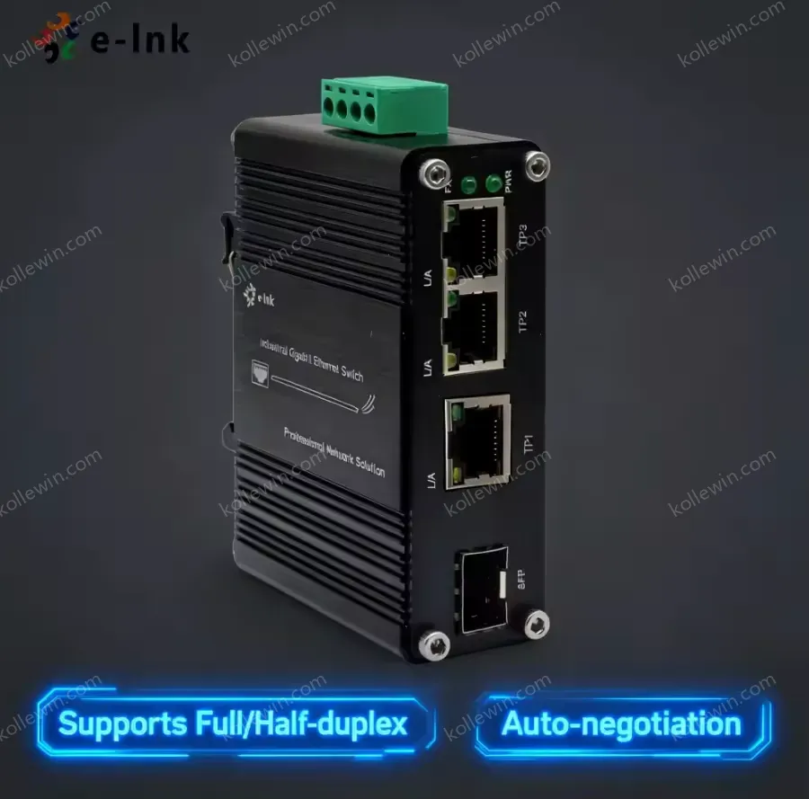 Industrial Gigabit Ethernet Switch IP40 Aluminum Housing Operates -40°C to 75°C with 12-48VDC Wide Voltage Input