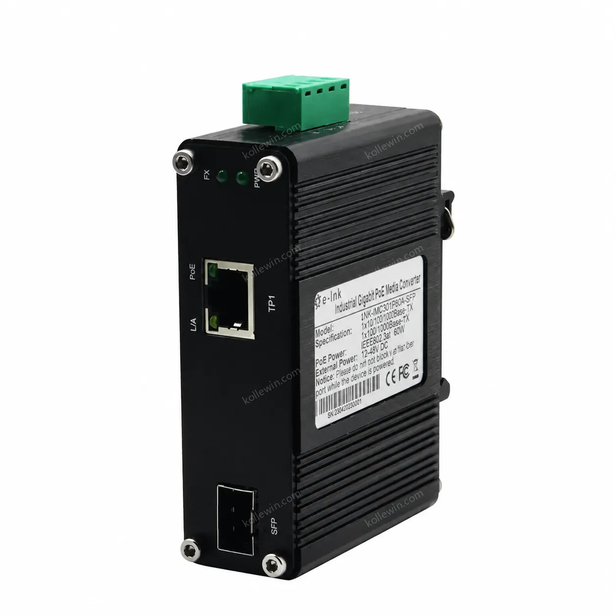 Mini Industrial Media Converter Gigabit Fiber to RJ45 with 30W IEEE 802.3at PoE+ 12-48VDC, DIN-Rail Mount, -40°C to 75°C