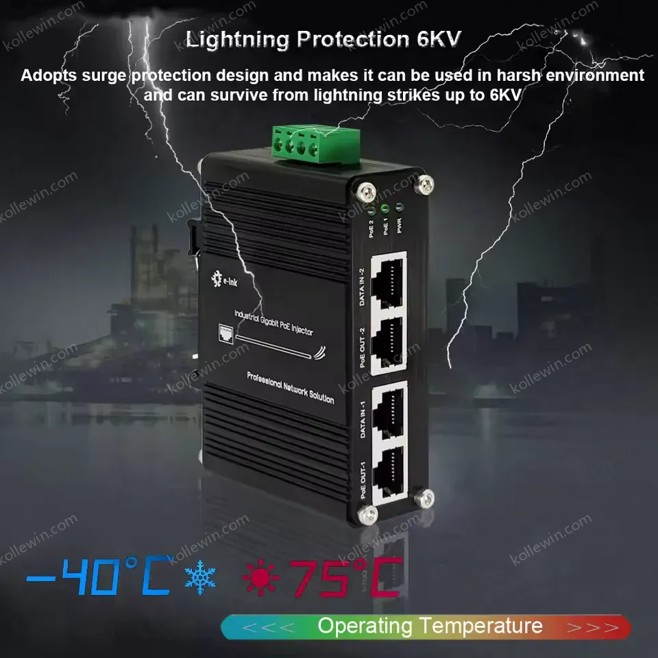 Industrial Dual-Port Gigabit PoE+ Injector with 12-48VDC Wide Input for DIN-Rail