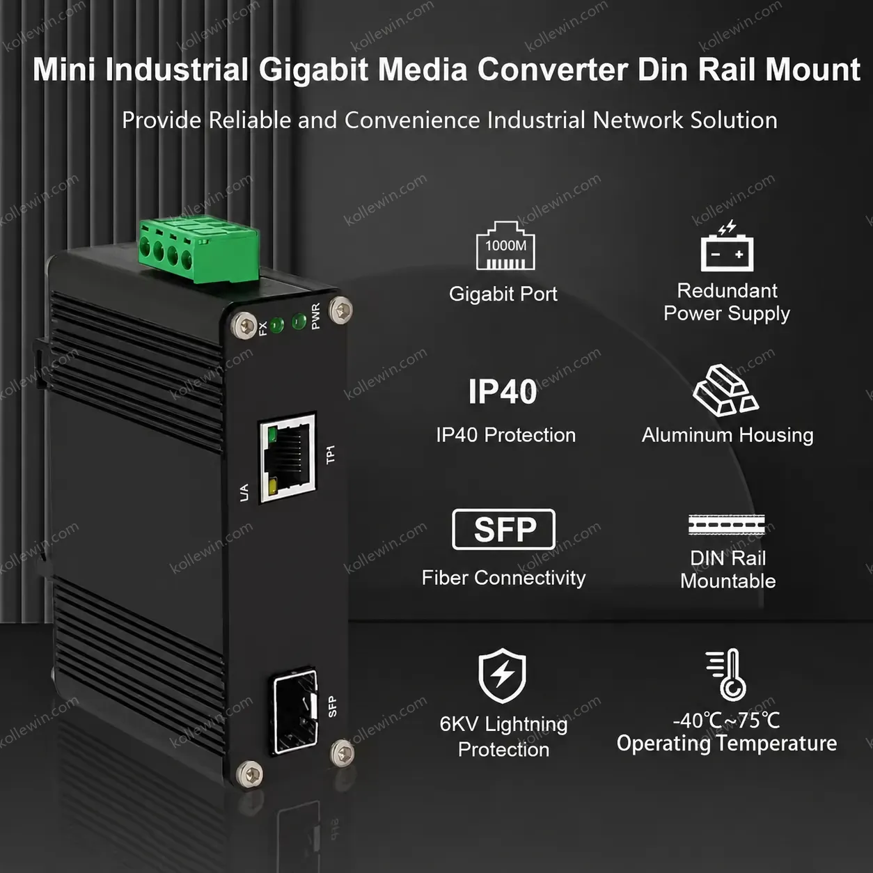 Industrial Fiber Media Converter, RJ45 to 100/1000M SFP Slot, -40°C to 75°C, DIN Rail, Ultra Low Power (<3W), Non-PoE