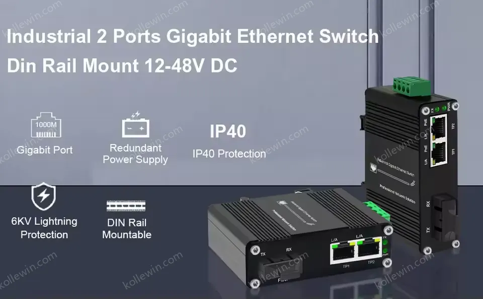 Industrial SFP Media Converter Gigabit 12~48VDC 1-Port 100/1000X SFP to 2-Port 10/100/1000T