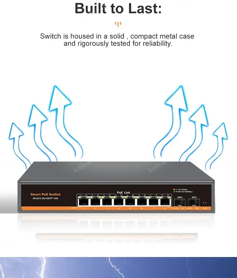 KeepLiNK 10-port Multi-gigabit unmanaged Ethernet switch with 8 x IEEE 802.3af/at PoE+ Ports and 2 x 10Gb SFP+ For Uplink