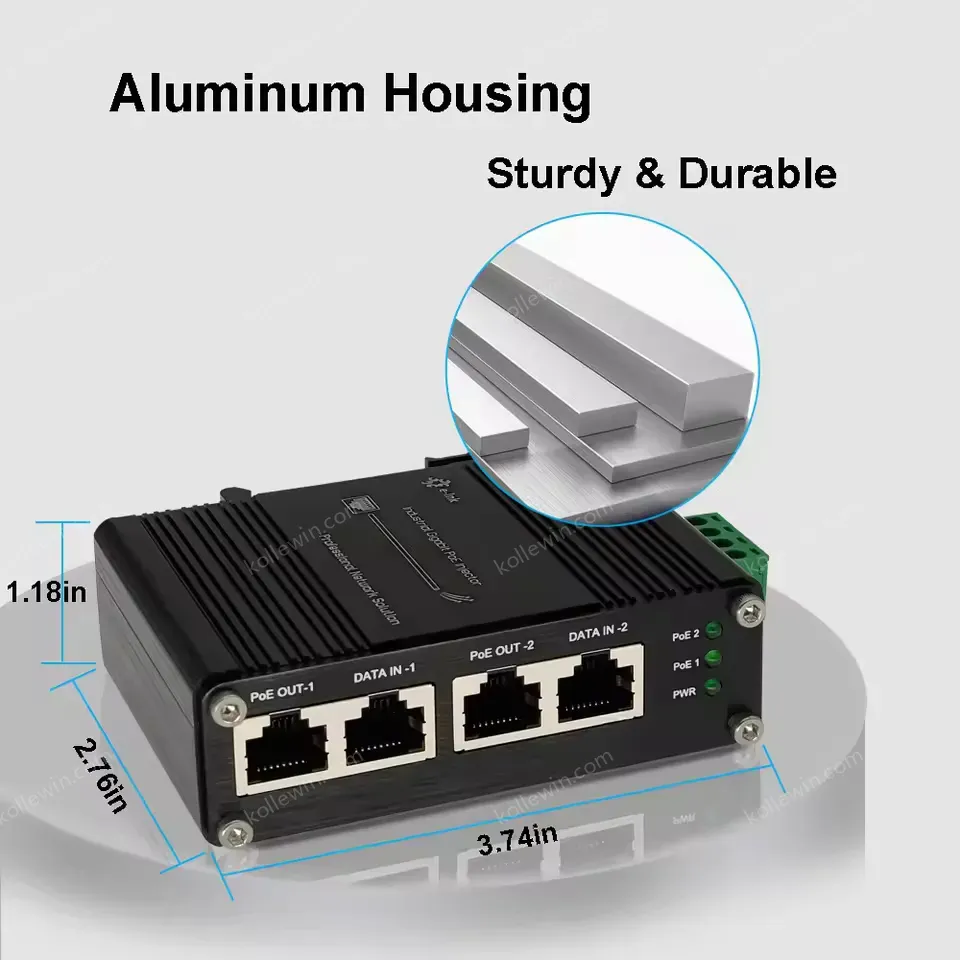 12~48V DC Power Input Industrial 2-Port Gigabit PoE+ Injector for CCTV Surveillance System PoE Camera Wireless AP