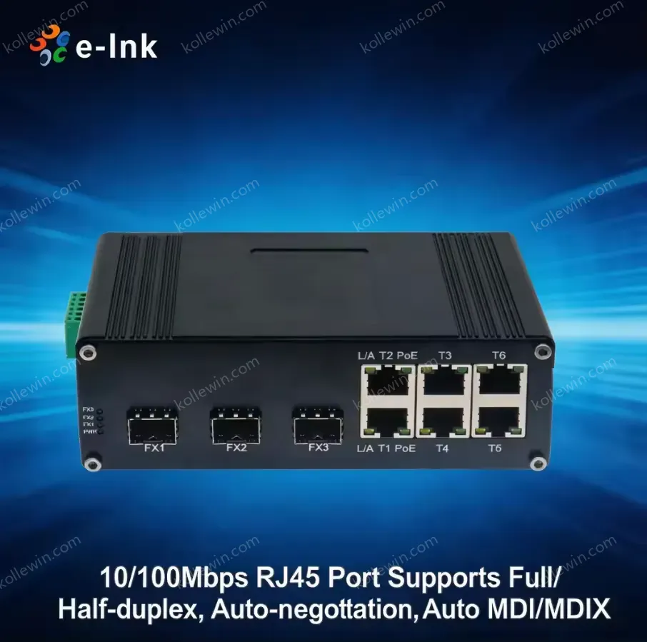 Industrial Grade 6-Port Ethernet PoE+ Switch 3 Fiber Ports IEEE 802.3at 30W Per Port for Outdoor and Factory Automation