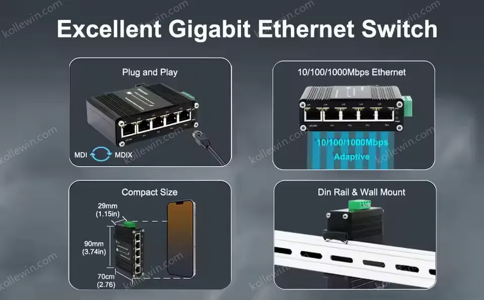 Mini Industrial 5-Port Gigabit Ethernet Switch DIN-Rail / Wall-mount IP40 Camera Aluminum Cheap