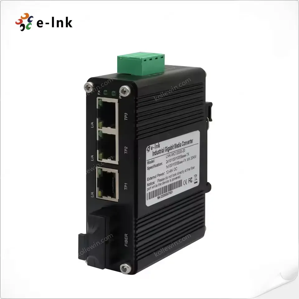 Mini Industrial Gigabit Network Switch - Ethernet to SC Fiber Converter Switch With 3 RJ45 and 1 SC Ports, 12~48V DC Power Input